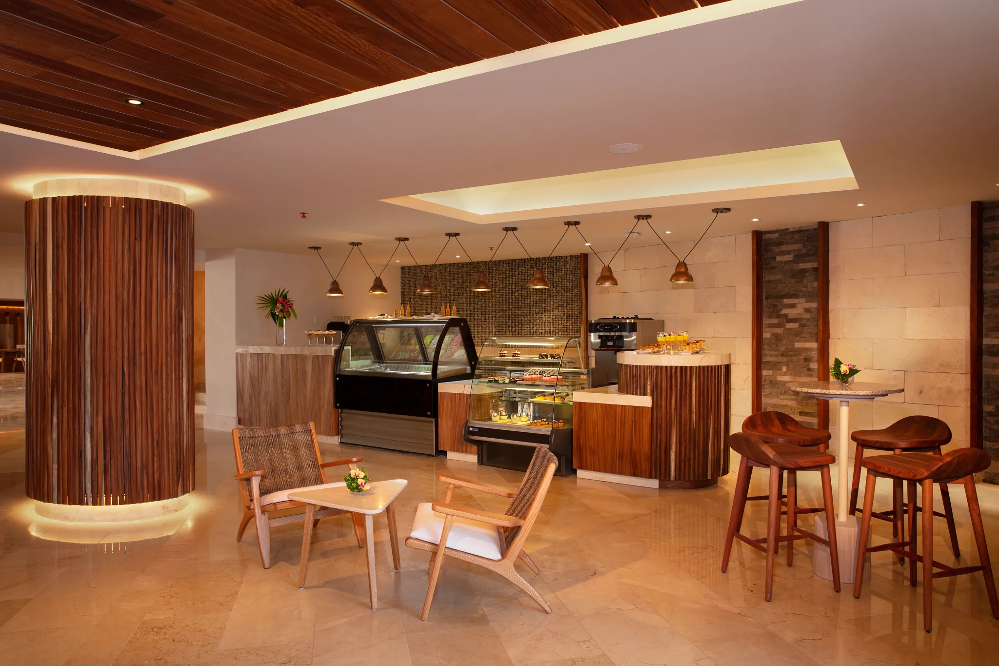 Coco Café and Gelato Factory at Dreams Aventuras Riviera Maya featuring a cozy coffee shop atmosphere, artisan gelato, and fresh pastries.